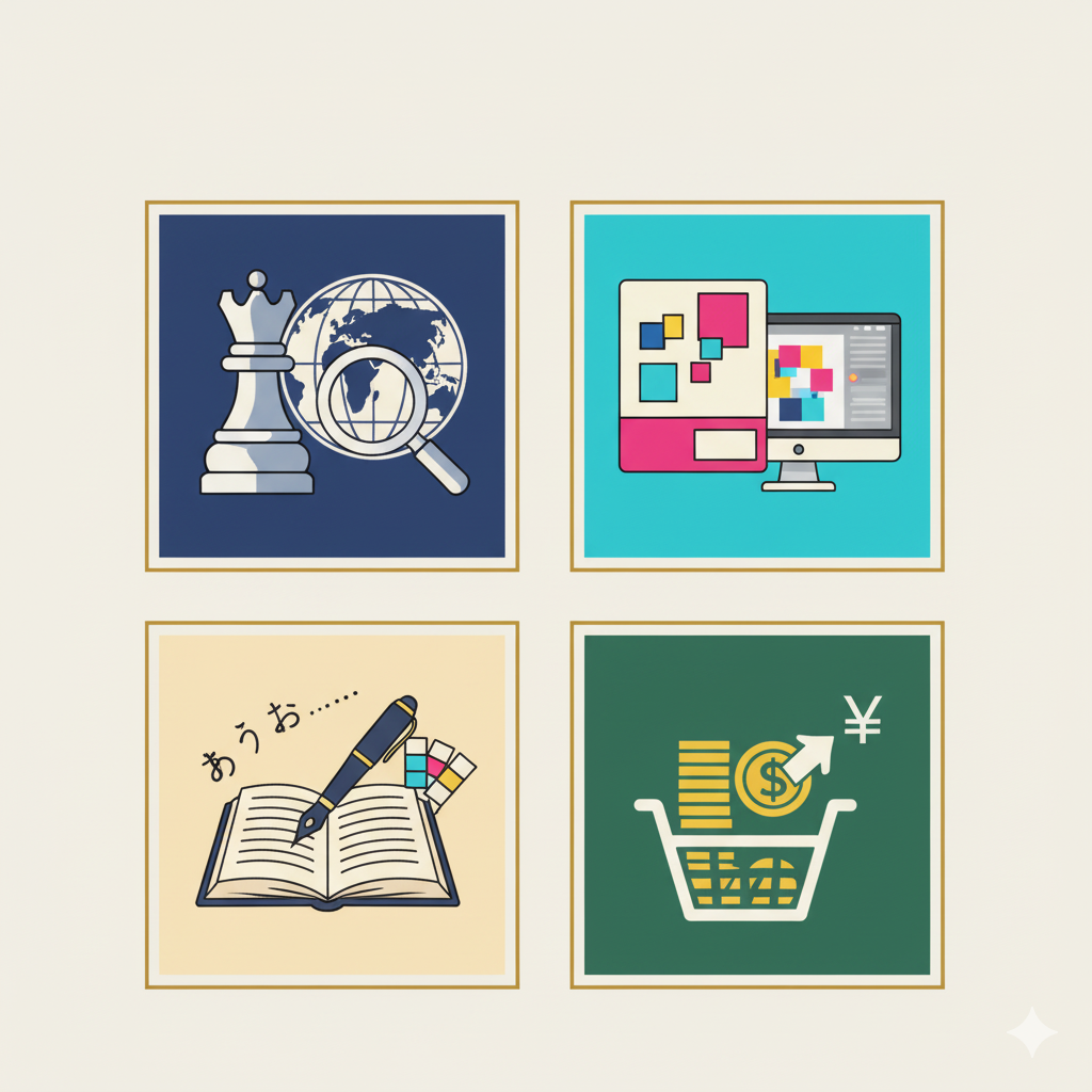 講座内容の「戦略」「執筆」「デザイン」「収益化」を象徴する4つのアイコン